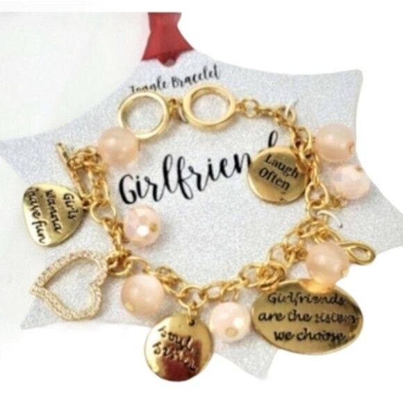 Girlfriend Toggle charm Bracelet Friends Gold faux pearls heart gold blush pink - Picture 1 of 11